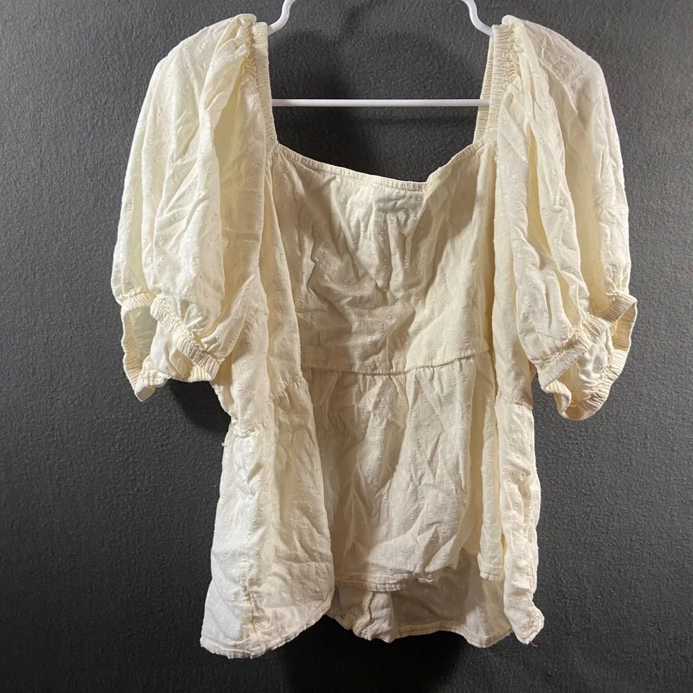 women peasant top xxl cream Peplum Puff Smocked Cream cottage prairie neutral